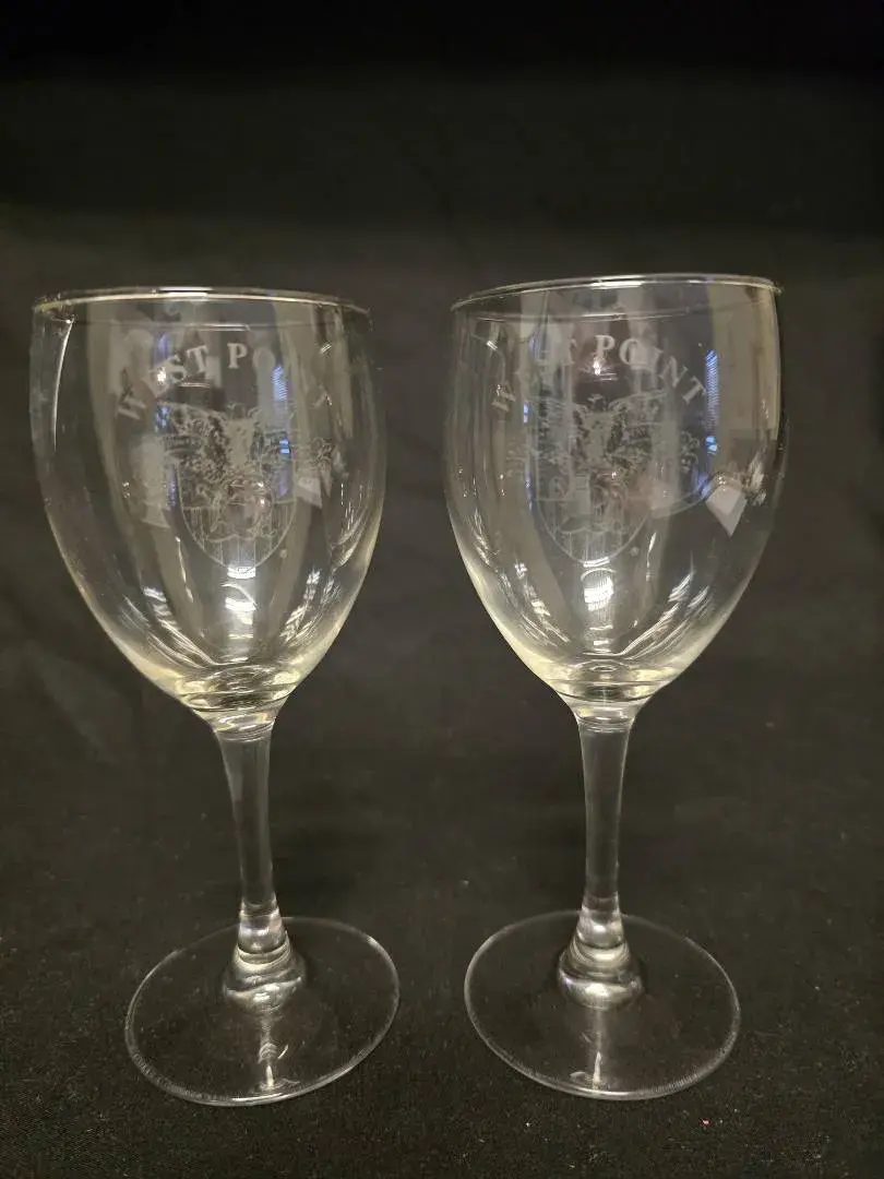 Set of 2 Vintage West Point USMA Etched Wine Glasses / Goblets - 6.5" Tall