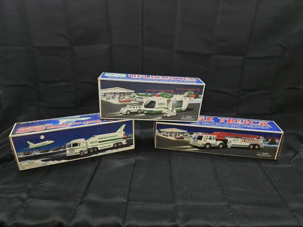 Lot of 3 Vintage Hess Toy Trucks In Boxes - Space Shuttle (1999), Fire Truck(2000), Helicopter(2001)