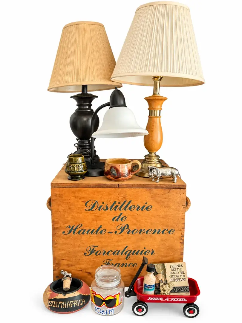Distillerie de Haute-Provence Wooden Crate with Lamps & Assorted Décor