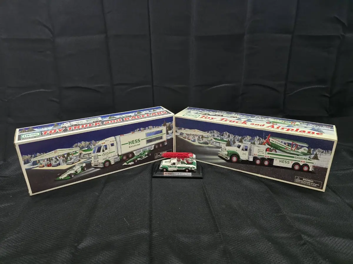 Vintage Hess Toy Truck Collection Lot: 1988 Racecars + 2002 Airplane + 2007 Mini Rescue 