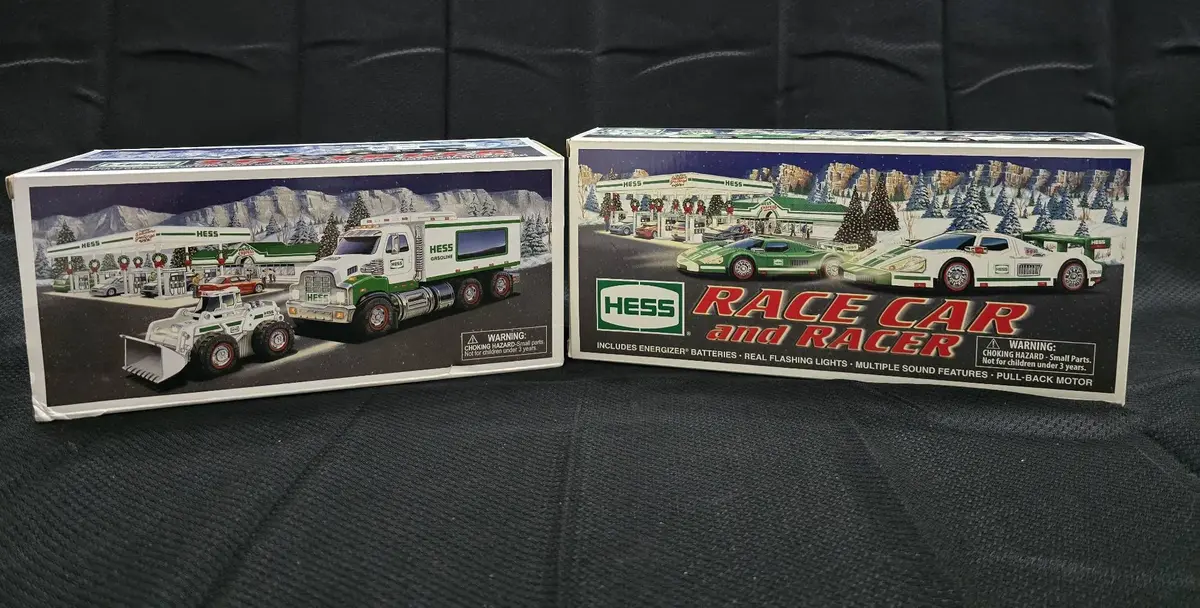 Pair of Vintage Hess Toys: 2000 Race Car & Racer + 2008 Toy Truck & Front Loader In Original Boxes