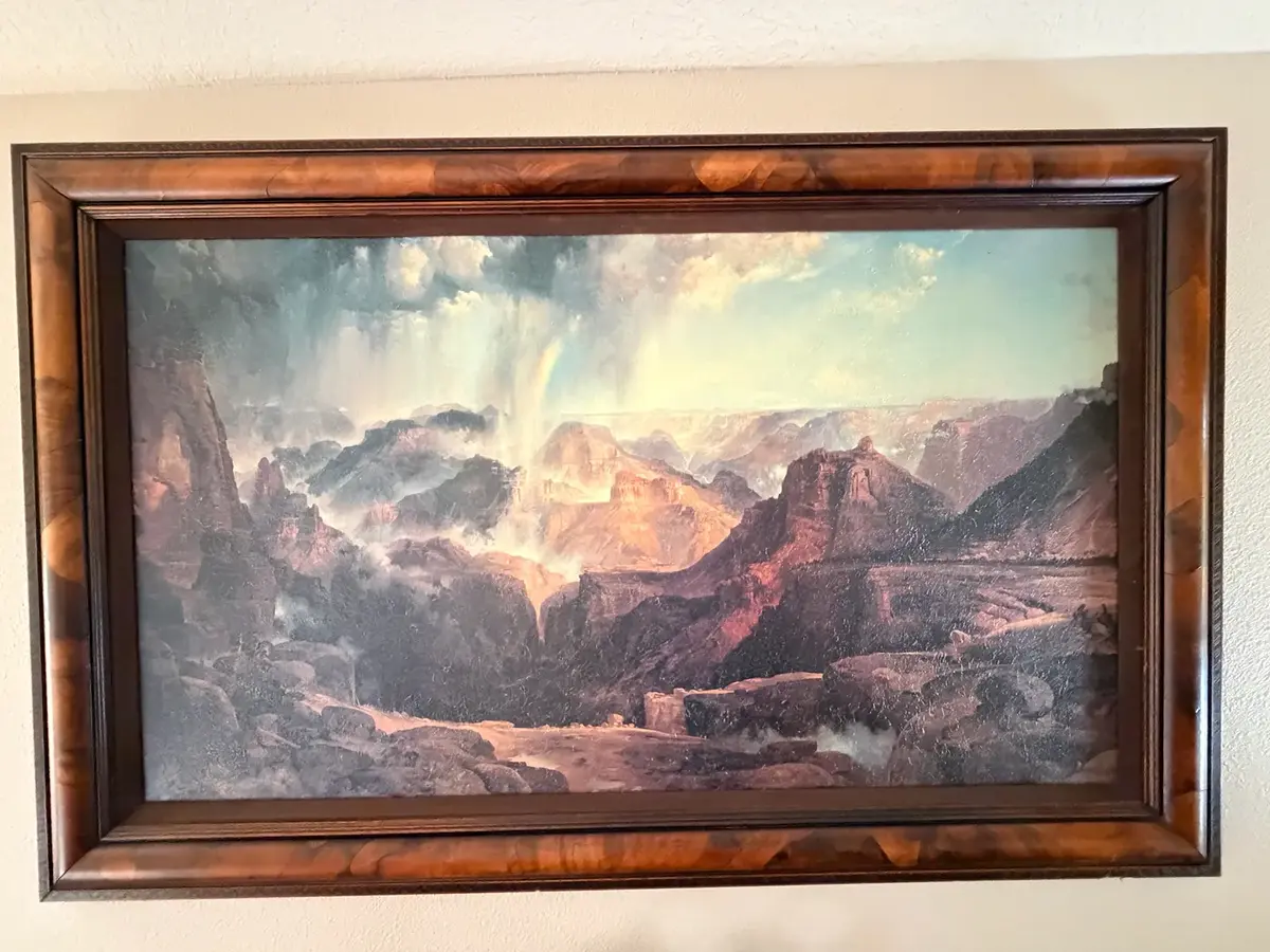 45in L X 28in W. Framed Grand Canyon Landscape Art with Rainbow – Burl Wood Style Frame