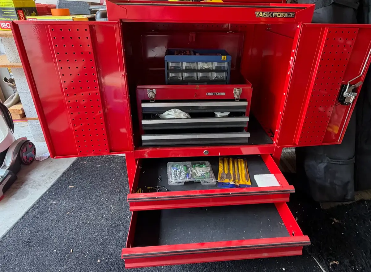 Task Force Large Red Metal Workstation and Tool Cabinet with Misc Tools & Hardware