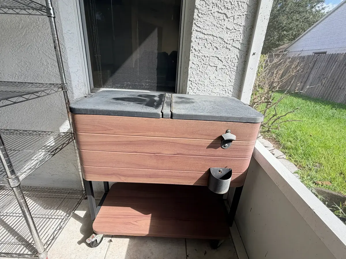 Rolling Outdoor Patio Cooler Cart with Faux Wood Finish & Bottle Opener