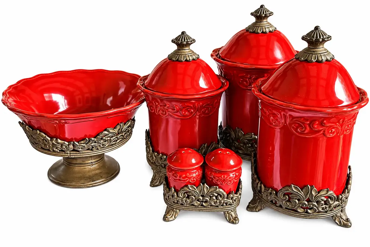 Set Of Red Serving Canisters Christmas Décor Lot – Holiday Lights, Christmas Train Set & Tree Skirts