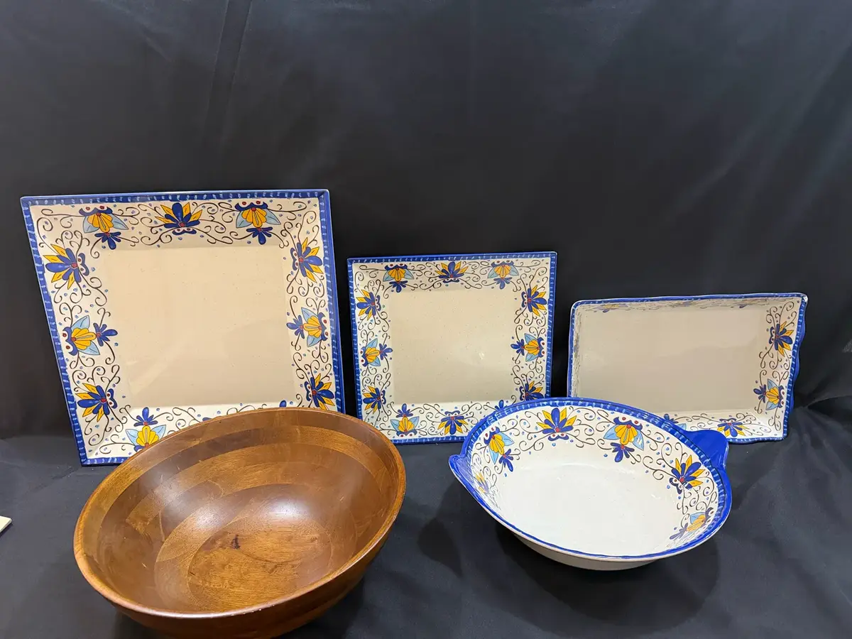 Colorful Floral Serving Collection with Large Wood Salad Bowl
