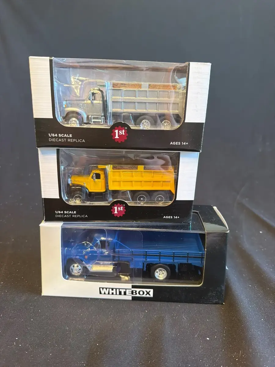 Lot of 3 Boxed 1:64 Scale Diecast Dump & Utility Trucks – 1st Gear & WhiteBox