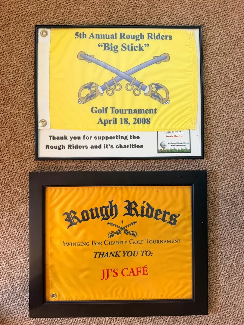 Framed Rough Riders Charity Golf Tournament Sponsor Flags – Set of 2