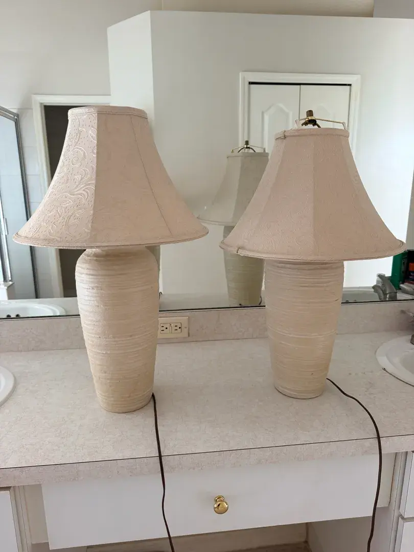 Pair of Cream Textured Ceramic Table Lamps with Fabric Shades