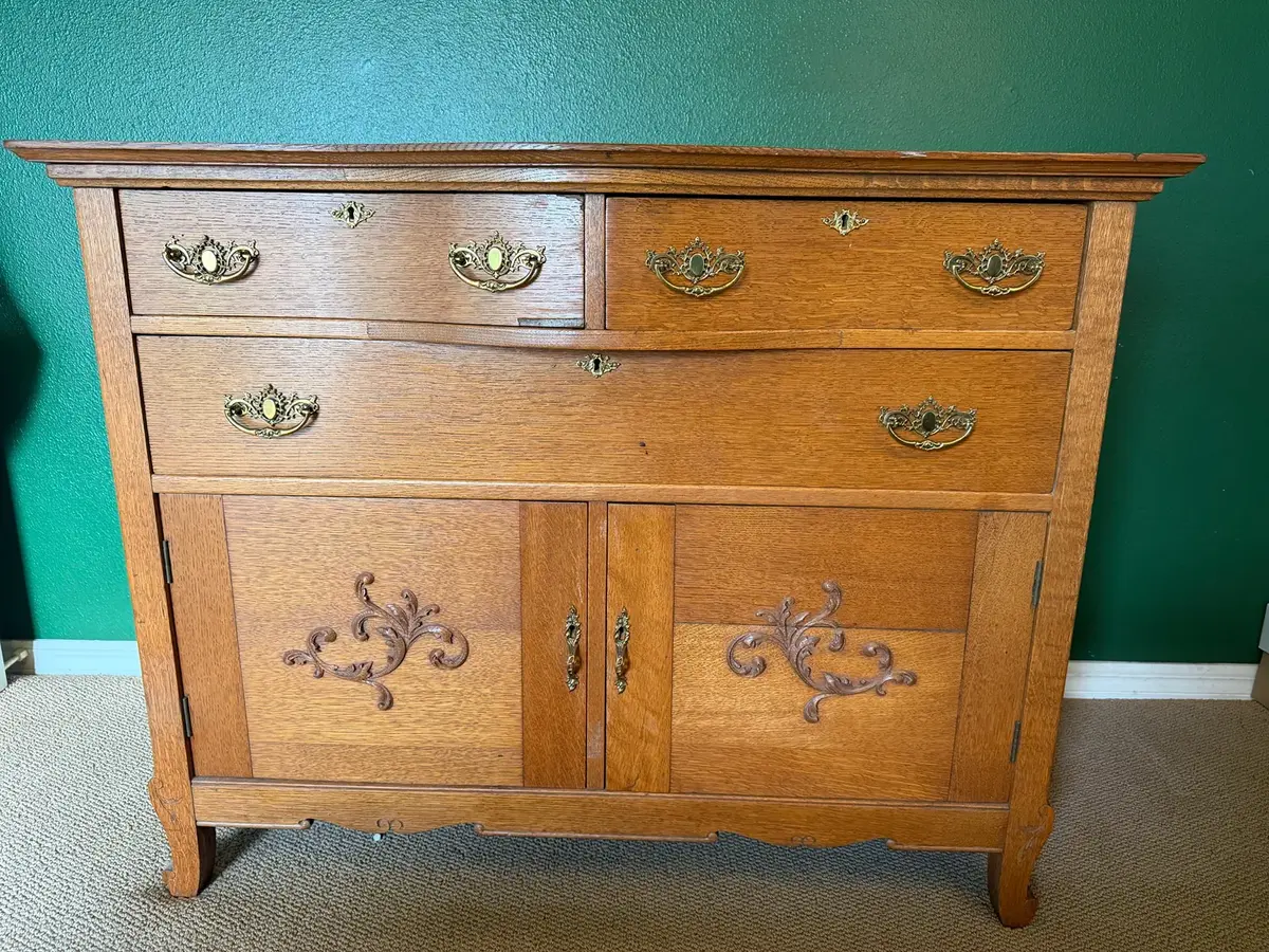 Antique Oak Sideboard / Buffet with Carved Detail & Ornate Brass Hardware