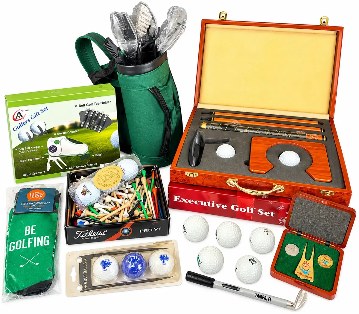 Golf Accessories & Executive Golf Gift Set Lot – Bag, Tools, Balls & Tees