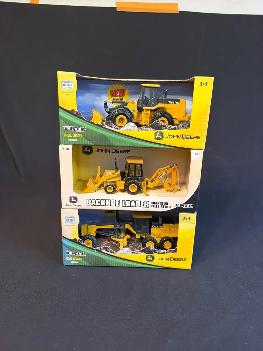 John Deere ERTL Die-Cast Construction Equipment – Wheel Loader, Backhoe & Road Grader – Lot of 3