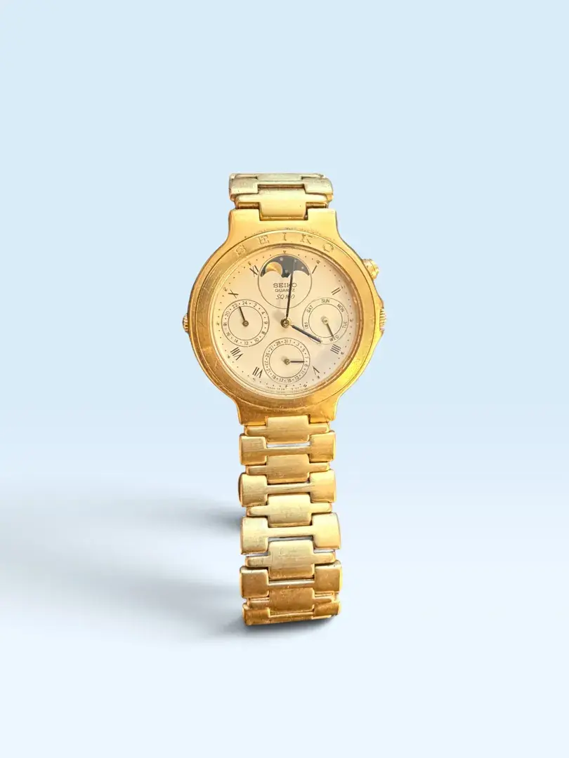 Seiko Quartz SQ100 Gold-Tone Moon Phase Multi-Function Wristwatch