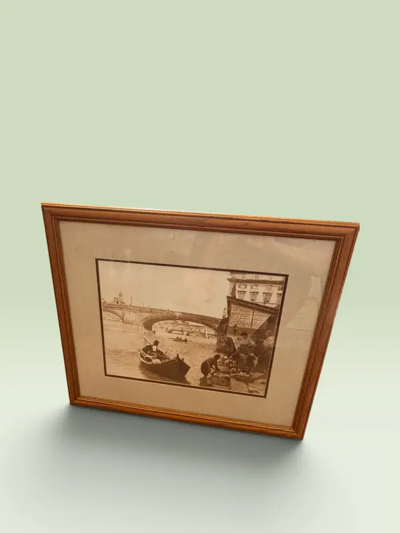Two Framed Sepia European River & Bridge Street Scene Photograph – 20” x 24”