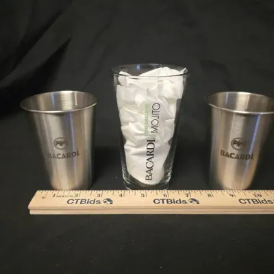 Bacardi Branded Barware Set – (2) Stainless Steel Cups & (1) "The Original Mojito" Glass Highball Tu