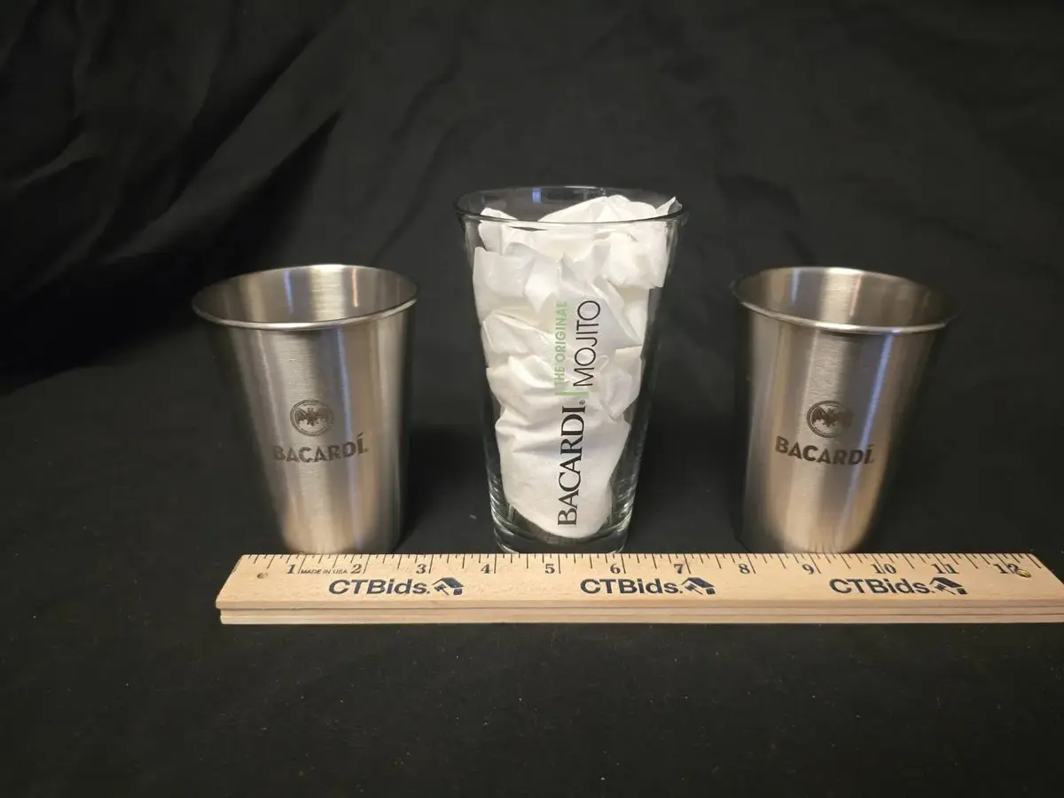 Bacardi Branded Barware Set – (2) Stainless Steel Cups & (1) "The Original Mojito" Glass Highball Tu