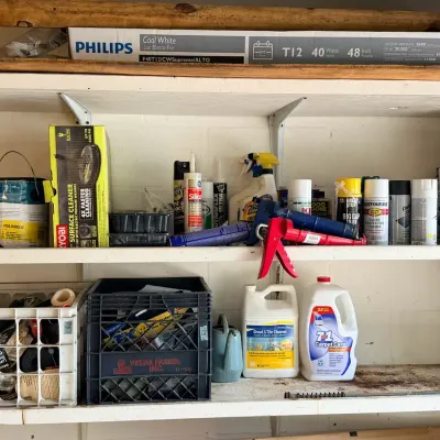 Large Garage & Home Improvement Supplies Lot – Paint, Caulk, Spray Paint, Tools & Cleaners