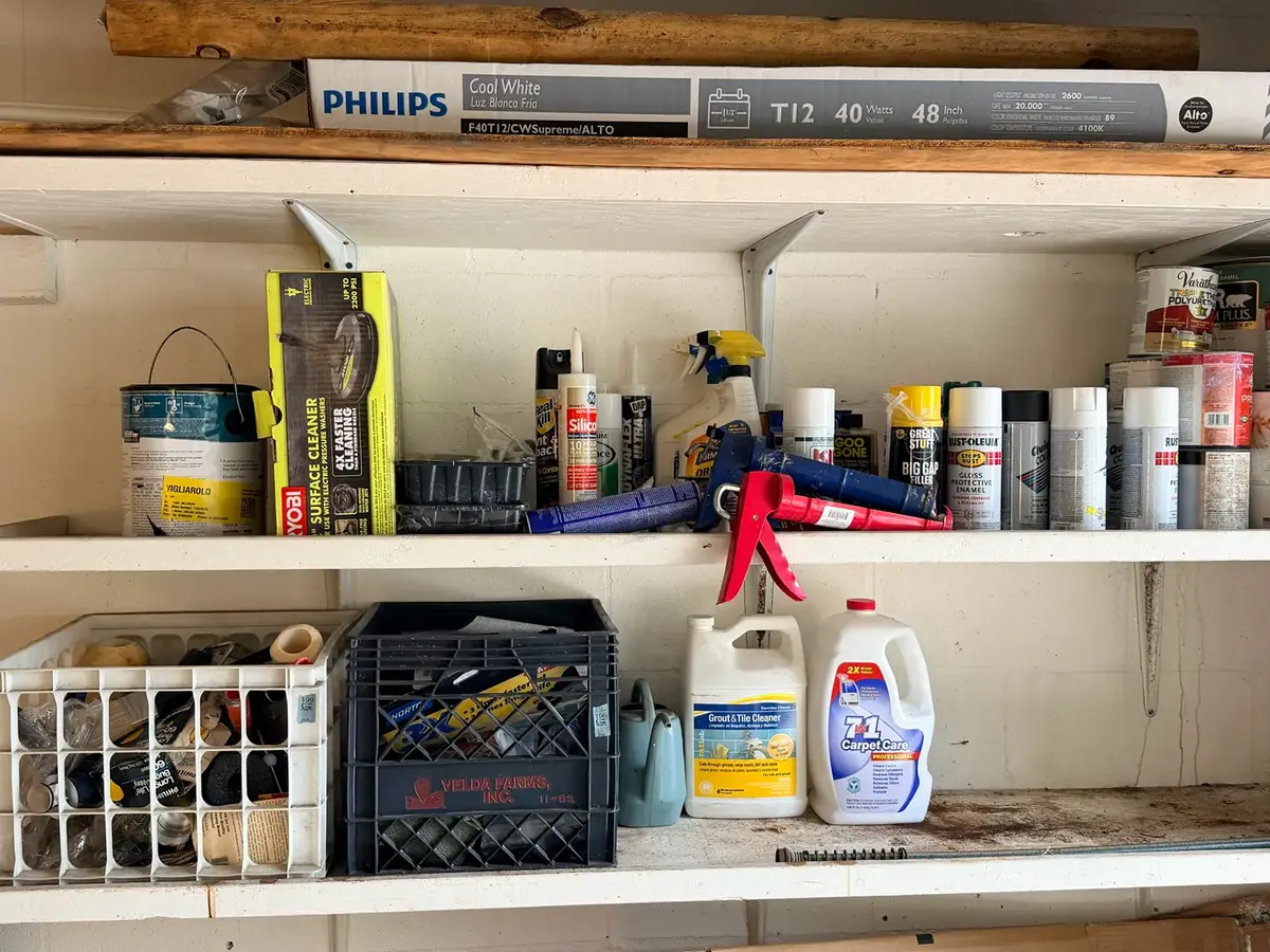Large Garage & Home Improvement Supplies Lot – Paint, Caulk, Spray Paint, Tools & Cleaners