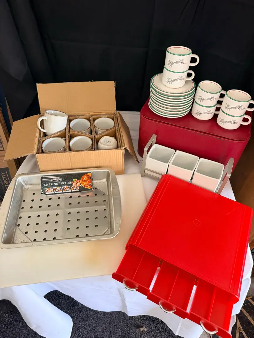 Assorted Kitchen & Cappuccino Serving Lot – Cups, Saucers, KCup Storage & Accessories