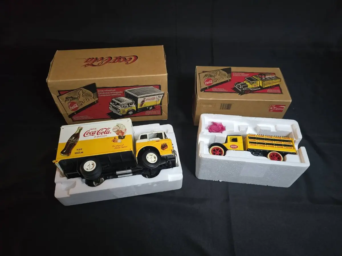 Lot of 2 Vintage Coca-Cola Diecast Delivery Trucks w/ Boxes Crate & Box Truck Set