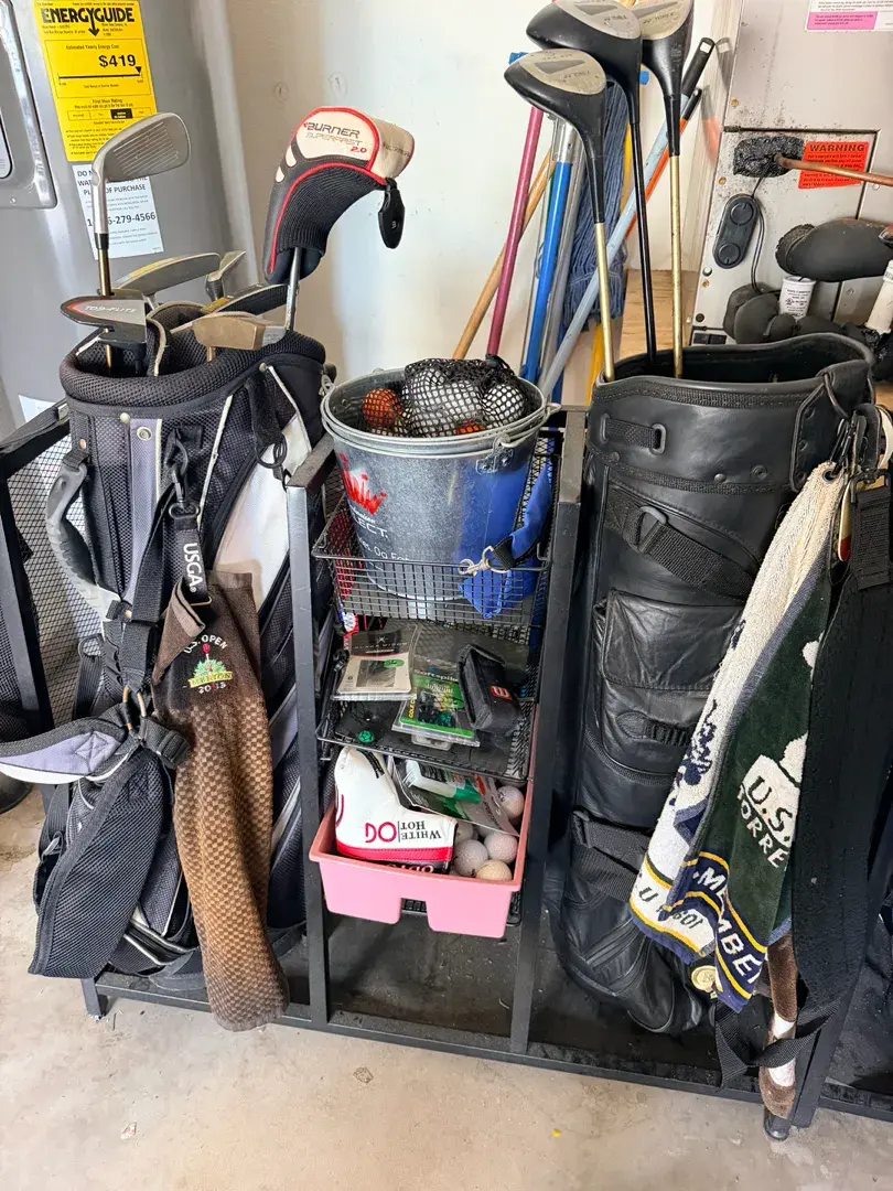 Large Golf Equipment Lot – Golf Bags, Golf Rack, Clubs, Yonex Woods, Putters, Balls & Accessories