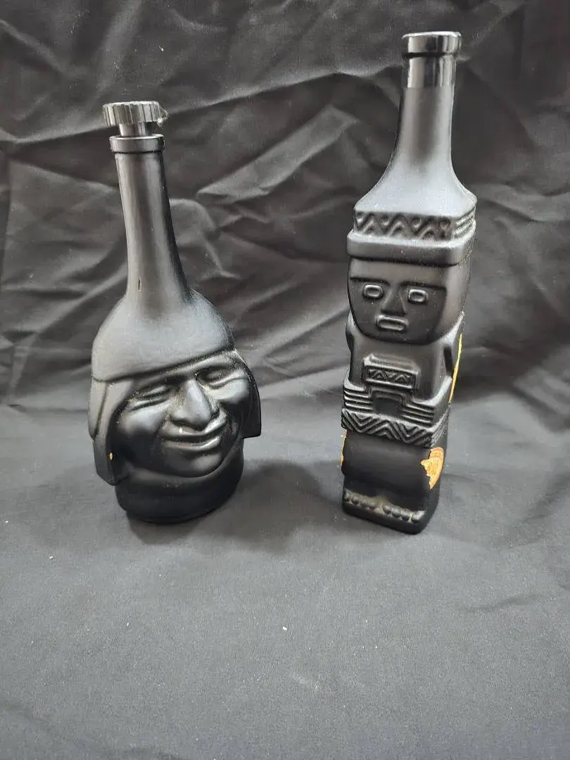 Vintage Matte Black Glass Figural Decanters - Set of 2 Pre-Columbian Style Liquor Bottles