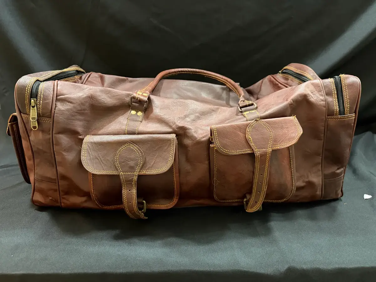 Large Vintage Brown Leather Travel Duffle Bag with Multi-Pocket Design