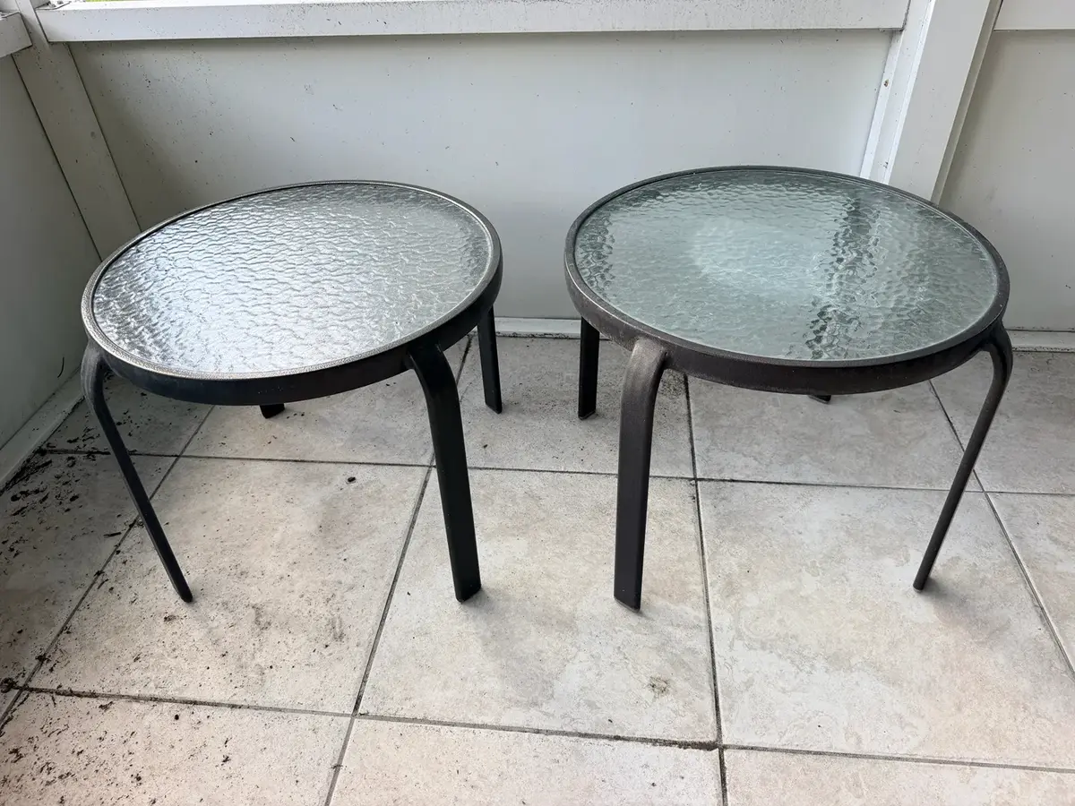 Pair of Round Glass-Top Outdoor Patio Side Tables