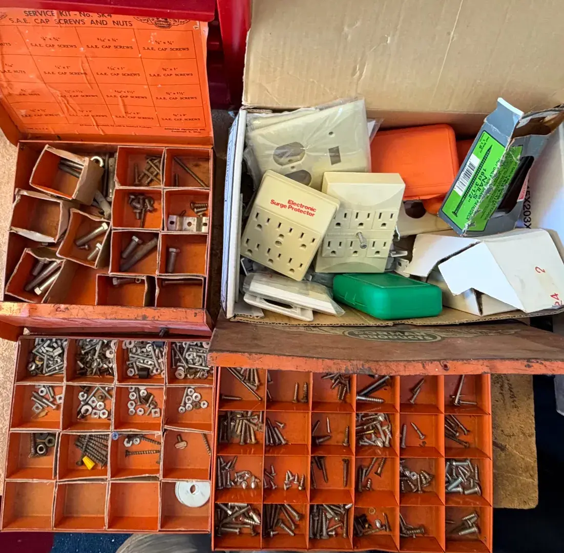Hardware Lot: SAE Cap Screws, Nuts, Washers, Wood & Machine Screws, Common Nails, Electrical Wall Pl