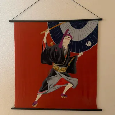 Japanese Kabuki Actor Textile Wall Hanging – Samurai with Parasol, Approx. 30” x 29”