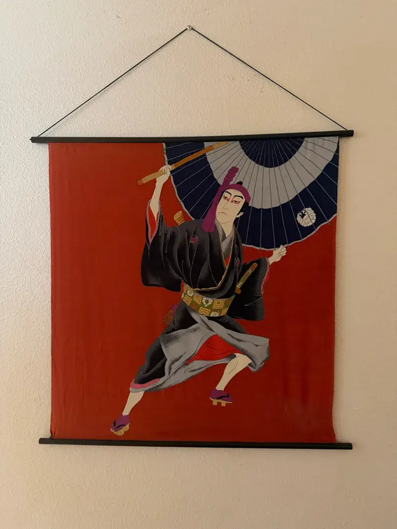 Japanese Kabuki Actor Textile Wall Hanging – Samurai with Parasol, Approx. 30” x 29”