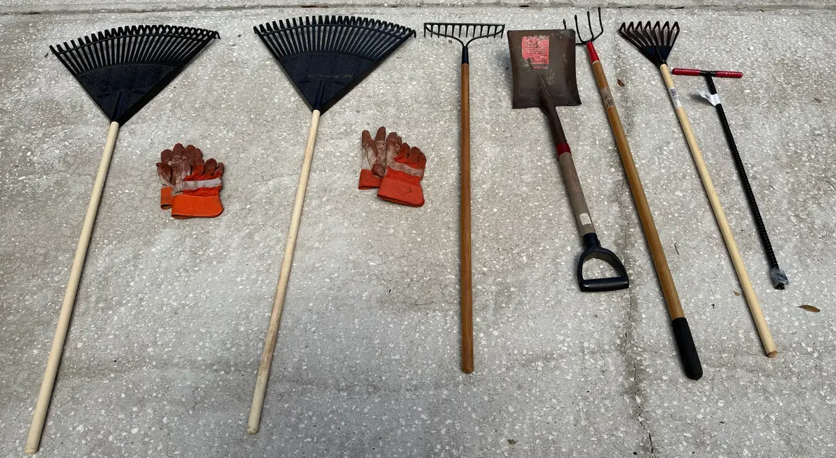 Landscaping and Yard Maintenance Tool Lot: Poly Leaf Rakes, Garden Bow Rake, Square Point Shovel, Ga