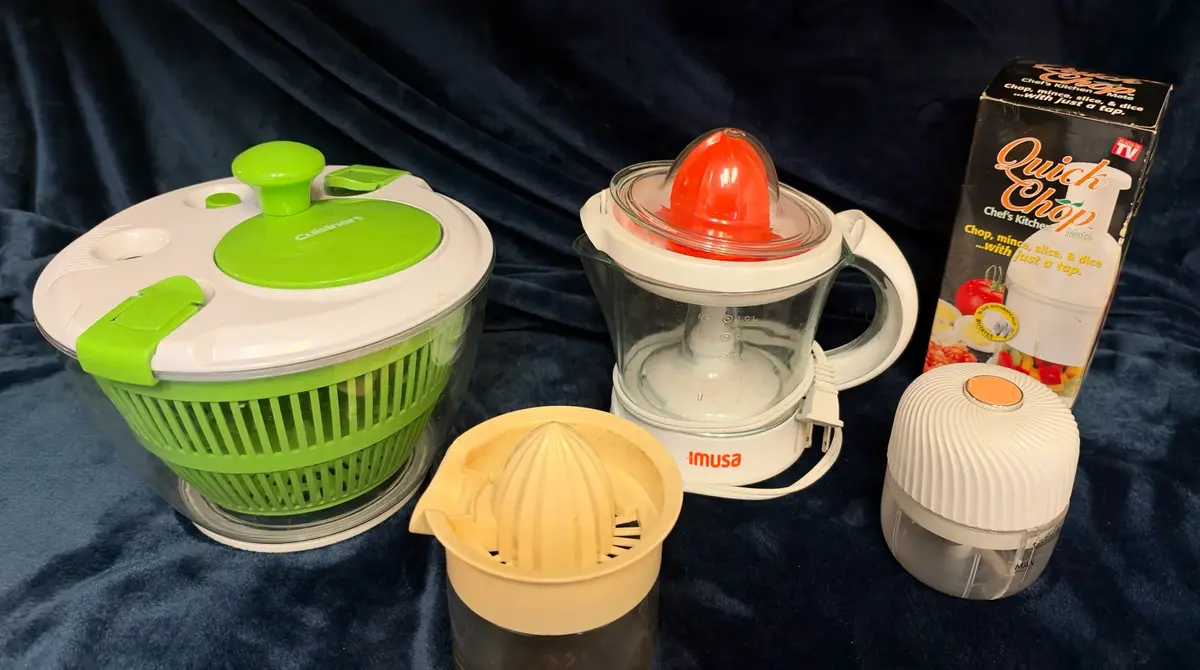 Assortment of Manual and Electric Kitchen Gadgets featuring a Cuisinart Salad Spinner, IMUSA Electri