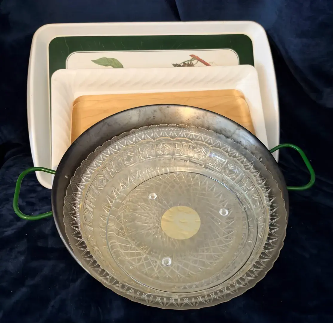Curated Collection of Mixed-Media Serving Trays  – Glass, Metal, Wood, and Melamine