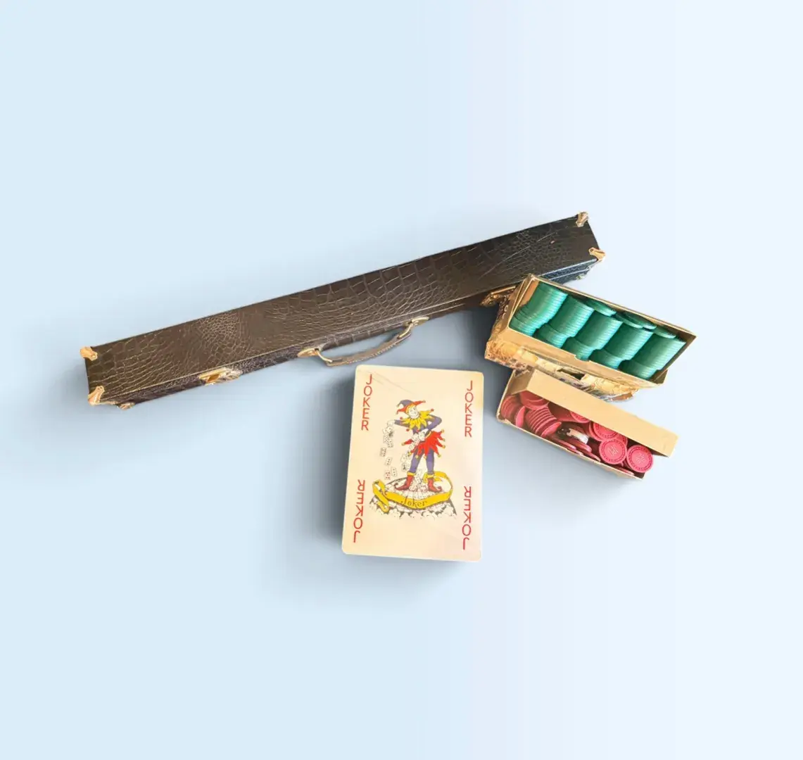 Game Night Lot – Jumbo Playing Cards, Poker Chips & Vintage Pool Cue Set