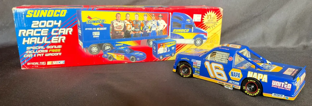 NASCAR Ron Hornaday Jr. #16 NAPA Chevy Race Truck Diecast & Sunoco 2004 Race Car Hauler Toy Set