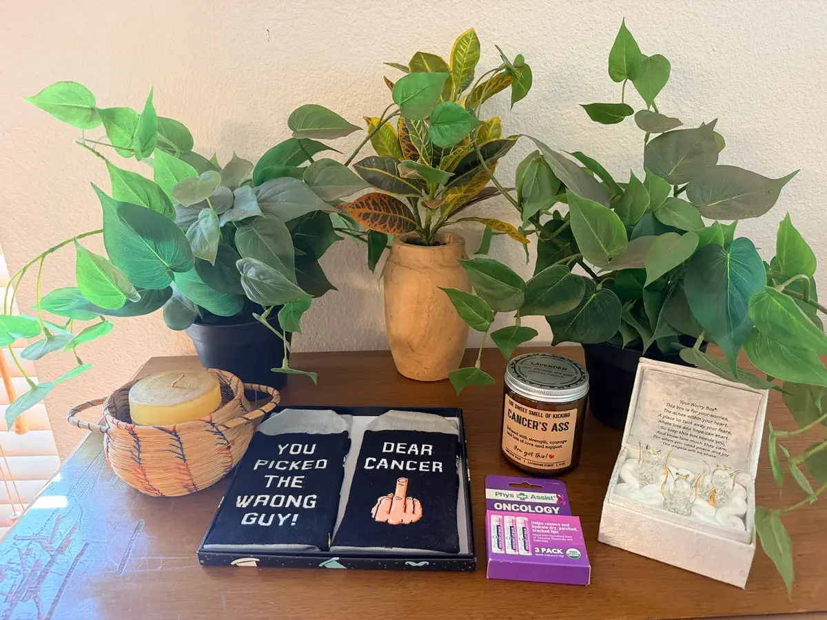 Cancer Support & Comfort Gift Lot with Plants, Socks, Candle & Keepsakes