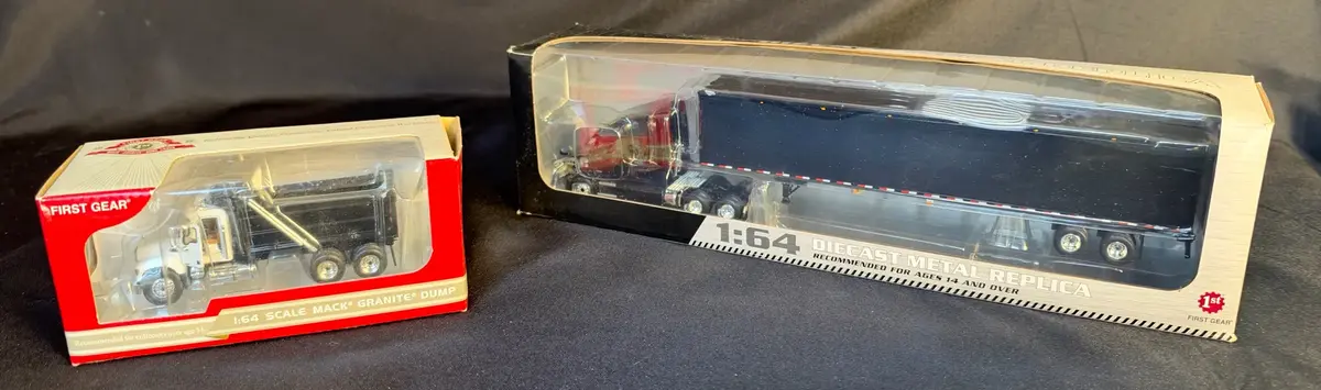 First Gear 1/64 Scale Diecast Model Dump Truck and Semi-Truck Replicas