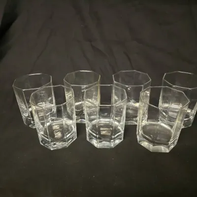 Set of 7 Octagonal Clear Glass Lowball Tumblers