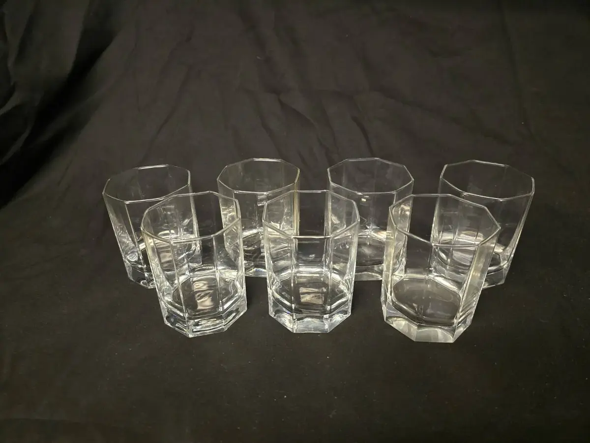 Set of 7 Octagonal Clear Glass Lowball Tumblers