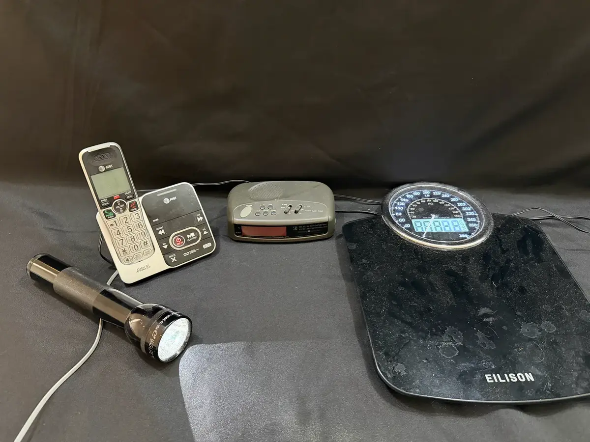 Household Electronics Lot – AT&T Cordless Phone, Mag-Lite, Clock Radio & Digital Scale