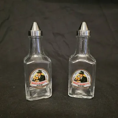 Pair of Birra Moretti Glass Oil & Vinegar Cruets / Dispensers