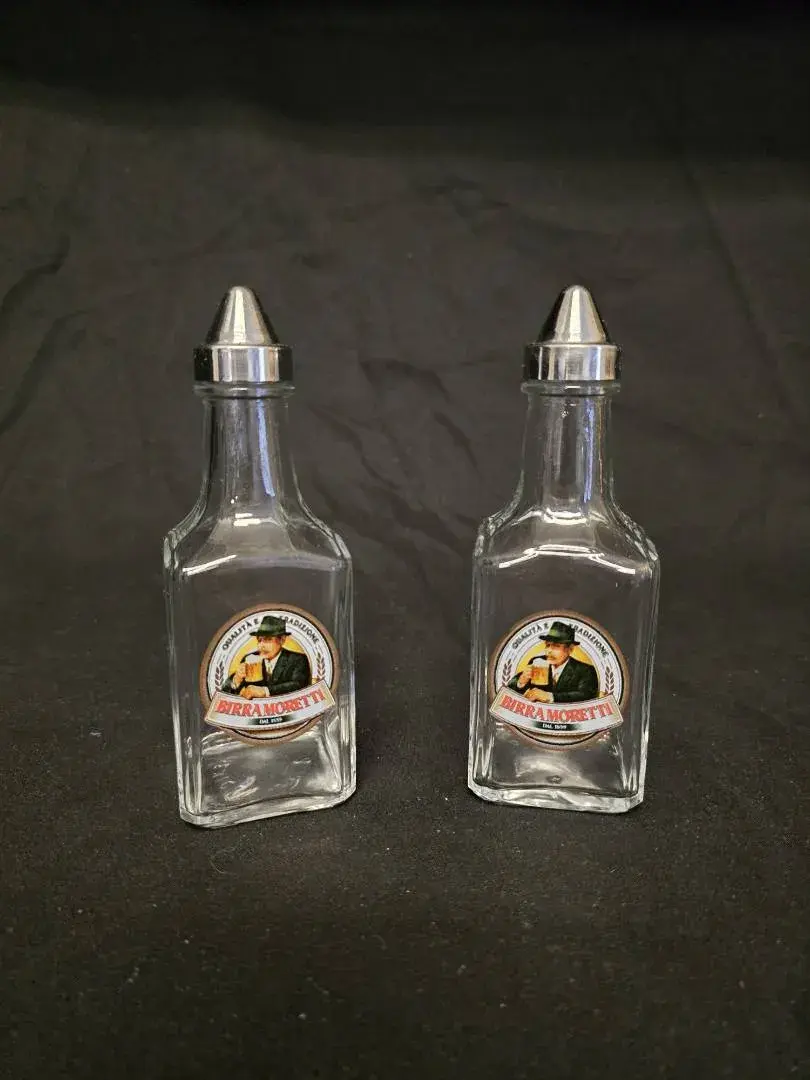 Pair of Birra Moretti Glass Oil & Vinegar Cruets / Dispensers