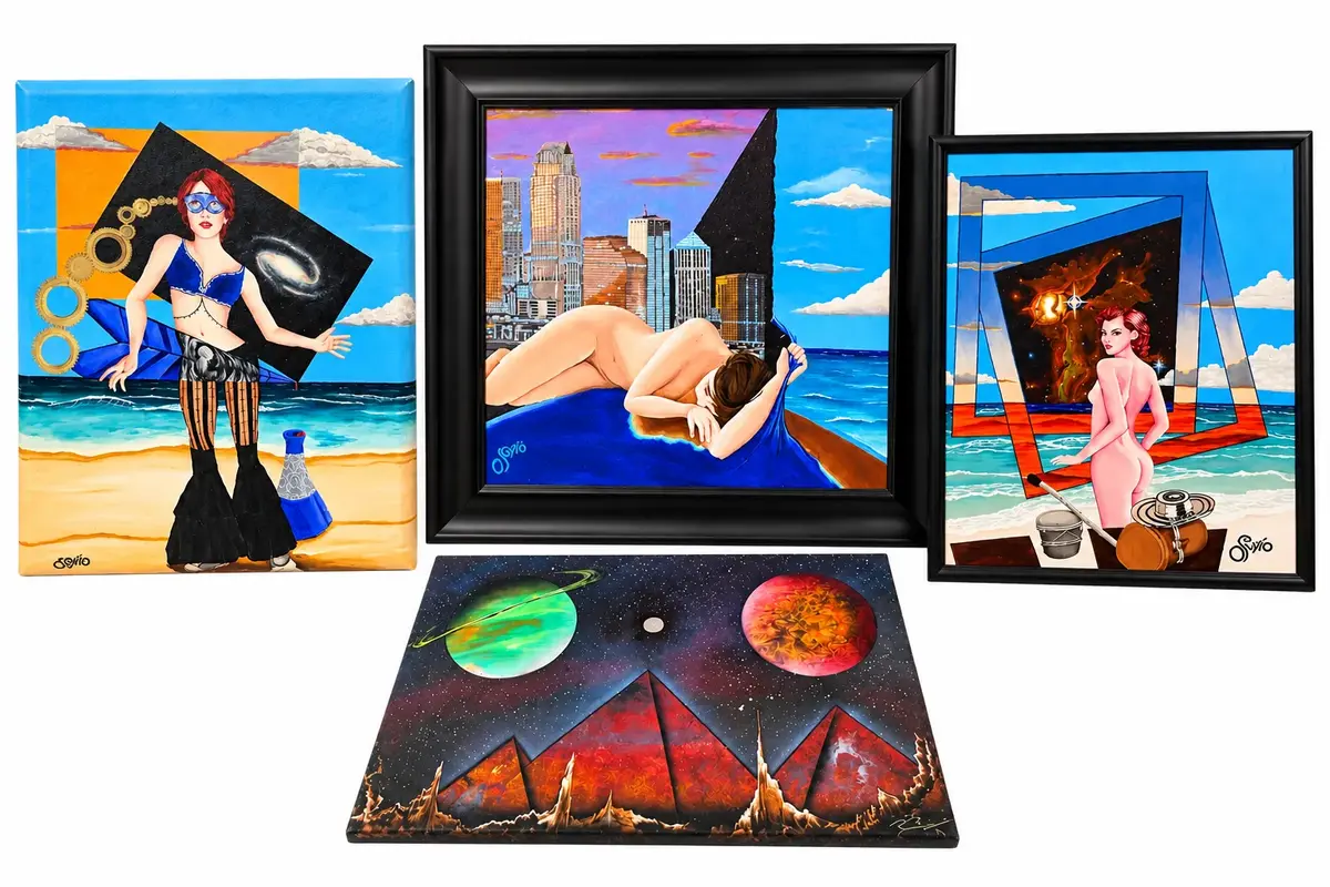 3 Signed Osoiro Original Oil Paintings – Surrealist Figurative Art & Spray Can Space Art