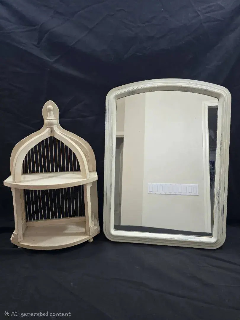 Vintage Style Distressed White Wall Mirror & Wooden Birdcage Shelf Decor Lot