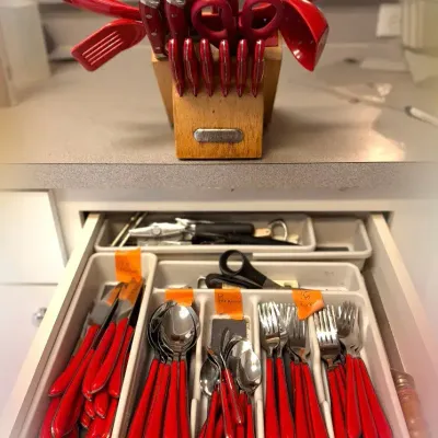 Vibrant Red Kitchen Bundle: Farberware Knife Block Set & Matching Flatware Service