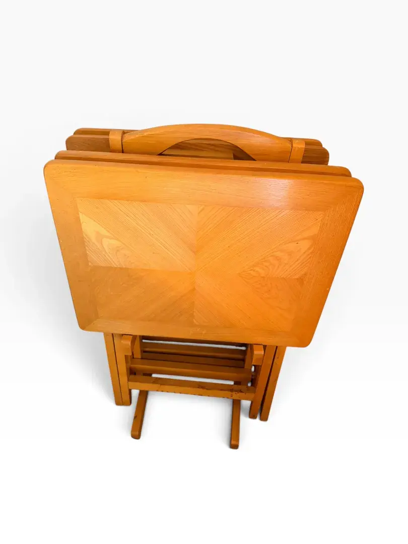 Vintage Wood Folding TV Tray Table Set with Storage Stand