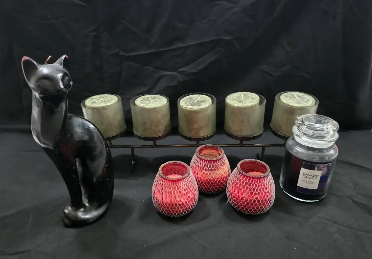 Assorted Candle & Home Decor Lot – Yankee Candle, 5-Cup Candelabra Holder, Votives & Black Cat Figur