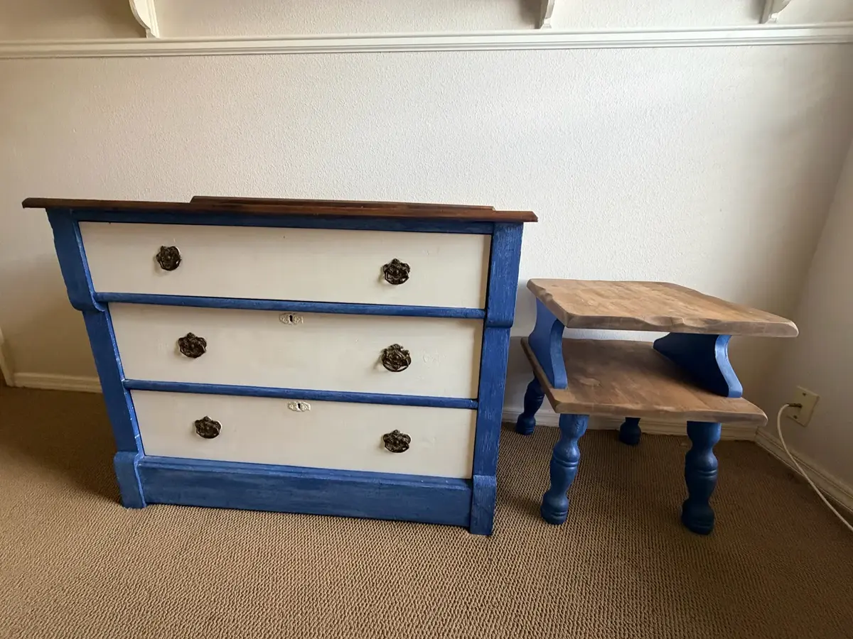 Blue And White Wood Vintage Dresser With Small Side Table