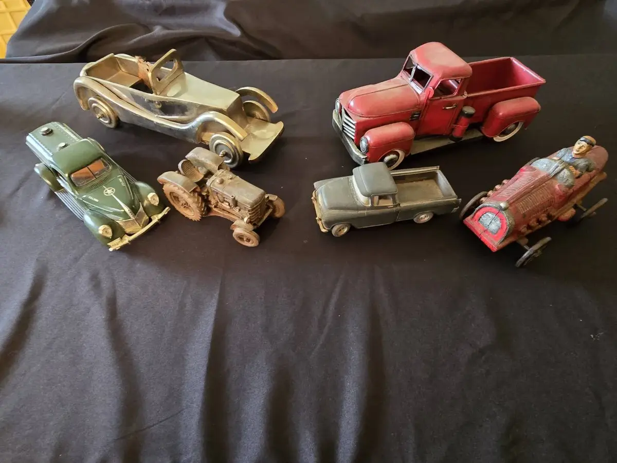 Lot of 6 Vintage Style Metal & Resin Model Vehicles – Pickup Trucks, Military Tanker, Race Car, Trac